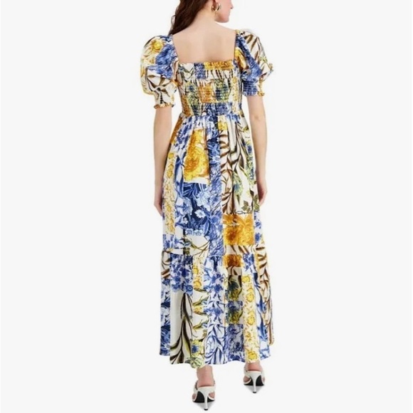 INC BOHO Phoebe Patch Printed Smocked Tiered Puff Sleeve Flowy Maxi Dress Medium - Picture 2 of 11